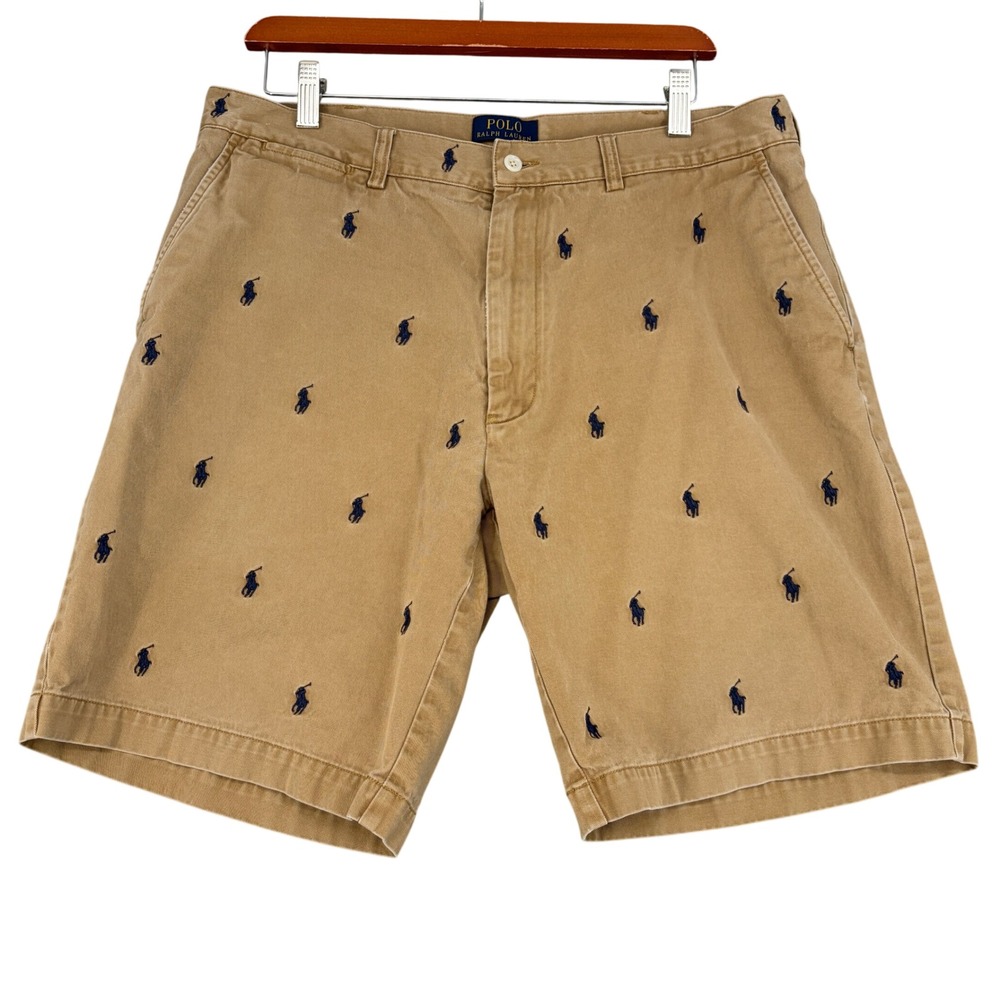 Polo Ralph Lauren Mens 35 Khaki Tan Navy Blue Pony Embroidered Chino Shorts 9"
